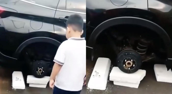 Sedang Nyantai di Rest Area, Ban Mobil Tiba-tiba Lenyap Dicuri Maling: Videonya Langsung Viral!